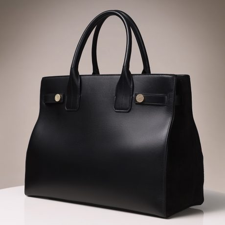 Beautiful luxury black female leather bag on a beige background
